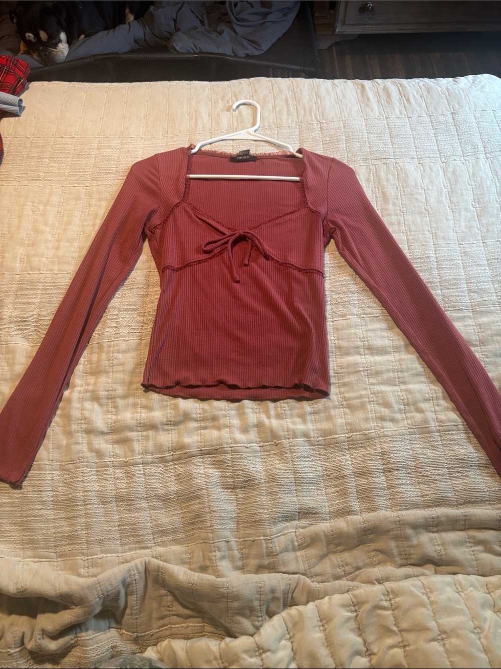 Forever 21 Ribbed Long-Sleeve Tie-Front Top - Rose Mauve